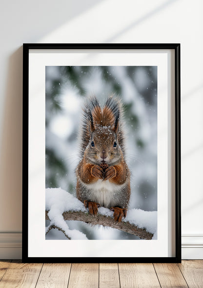 Poster Eichhörnchen im Schnee im schwarzen Rahmen stehend