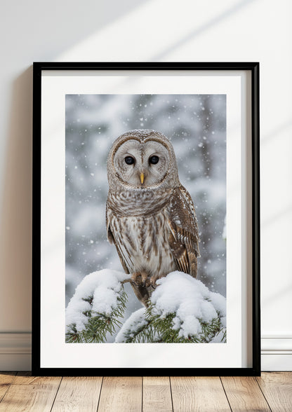 Poster Eule im Schnee im schwarzen Rahmen stehend