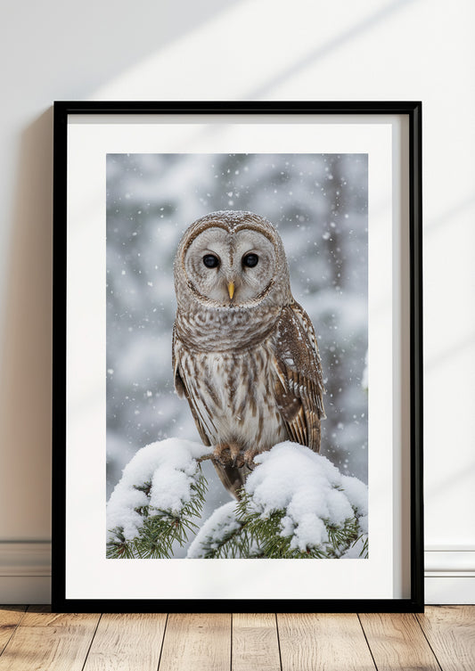 Poster Eule im Schnee im schwarzen Rahmen stehend