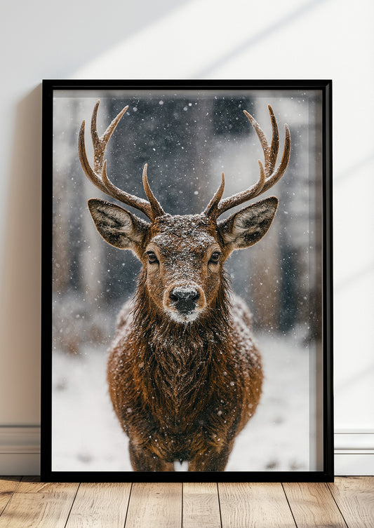 Poster Hirsch Nahaufnahme im schwarzen Rahmen stehend