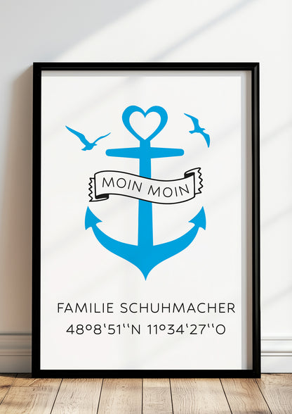 Familienposter Anker mit Name, Spruch & Koordinaten - Personalisiert