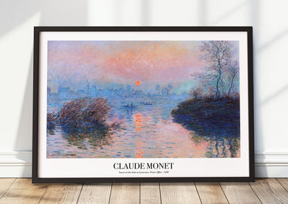 Claude Monet – Sunset on the Seine at Lavacourt, Winter Effect als Poster mit schwarzem Rahmen, stehend am Boden an eine Wand gelehnt