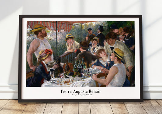 Luncheon of the Boating Party von Pierre-Auguste Renoir Kunstdruck im schwarzen Rahmen, an Wand gelehnt