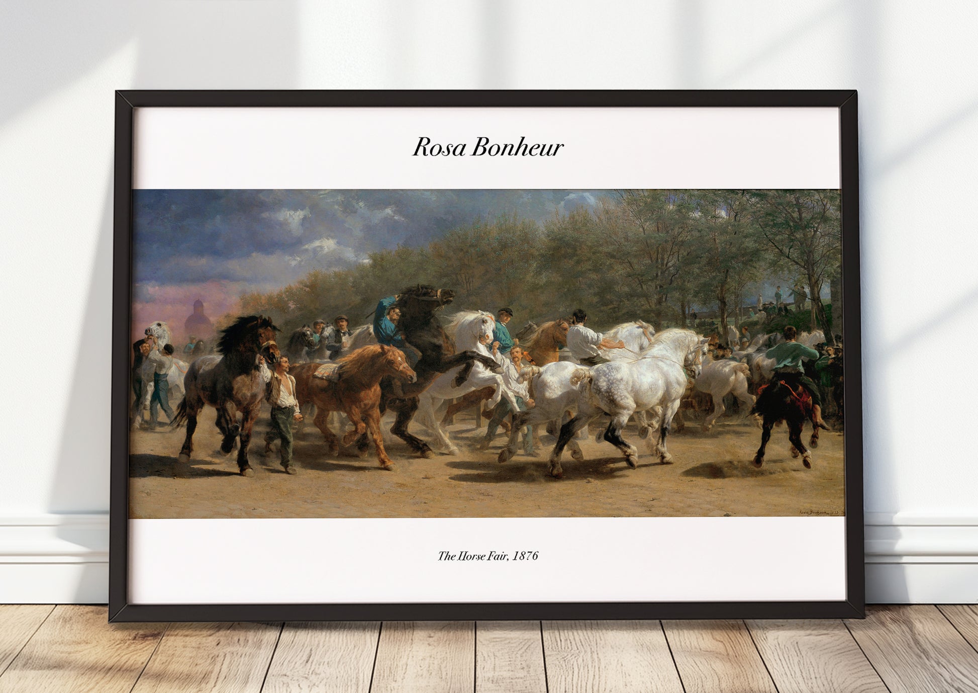 The Horse Fair von Rosa Bonheur Kunstdruck im schwarzen Rahmen, an Wand gelehnt