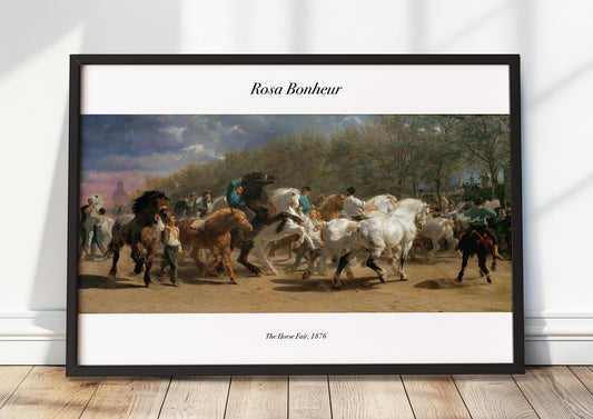 The Horse Fair von Rosa Bonheur Kunstdruck im schwarzen Rahmen, an Wand gelehnt