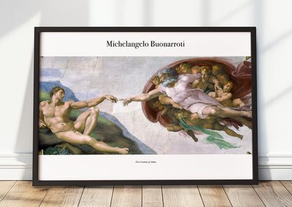 The Creation of Adam von Michelangelo Kunstdruck im schwarzen Rahmen, an Wand gelehnt