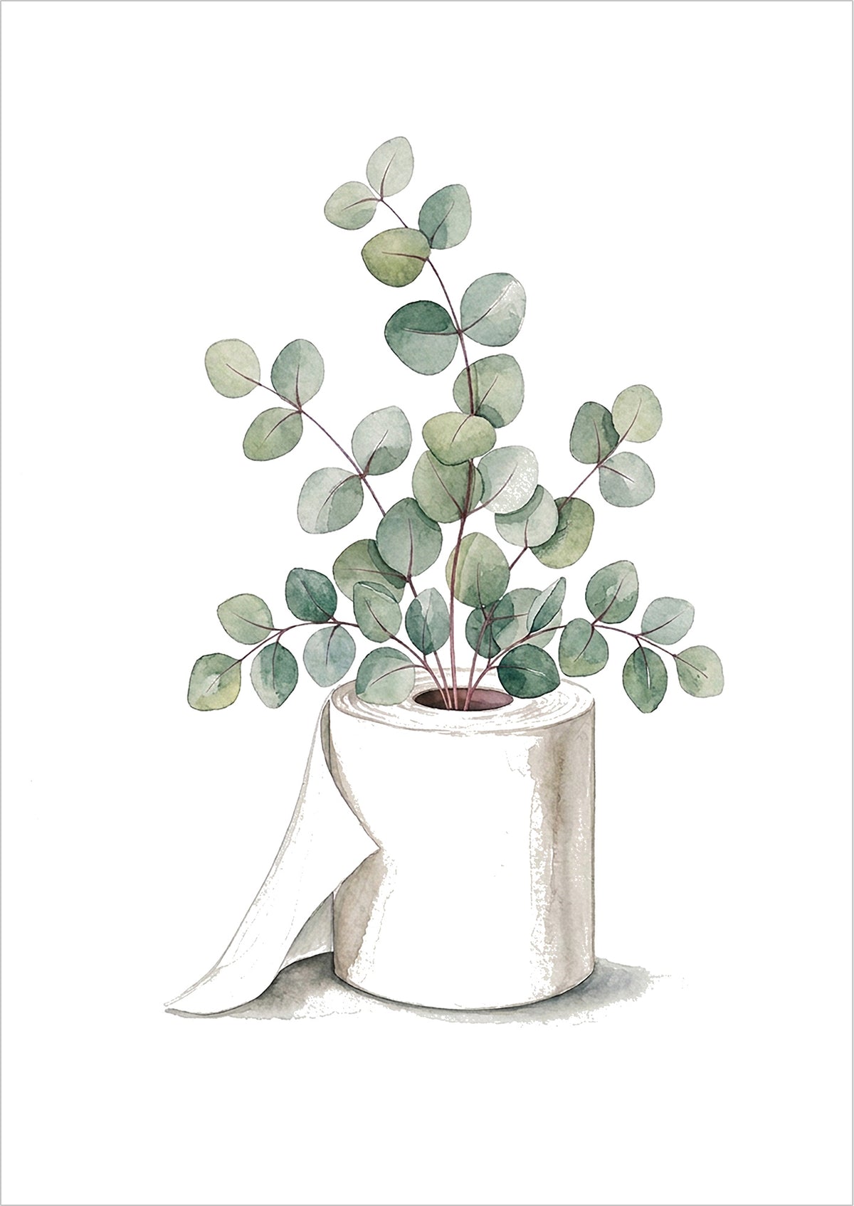 Eukalyptus Bild im Aquarellstil: grüne Zweige wachsen aus einer Klopapierrolle, Poster ohne Rahmen