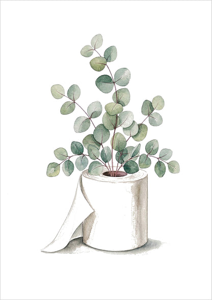 Eukalyptus Bild im Aquarellstil: grüne Zweige wachsen aus einer Klopapierrolle, Poster ohne Rahmen