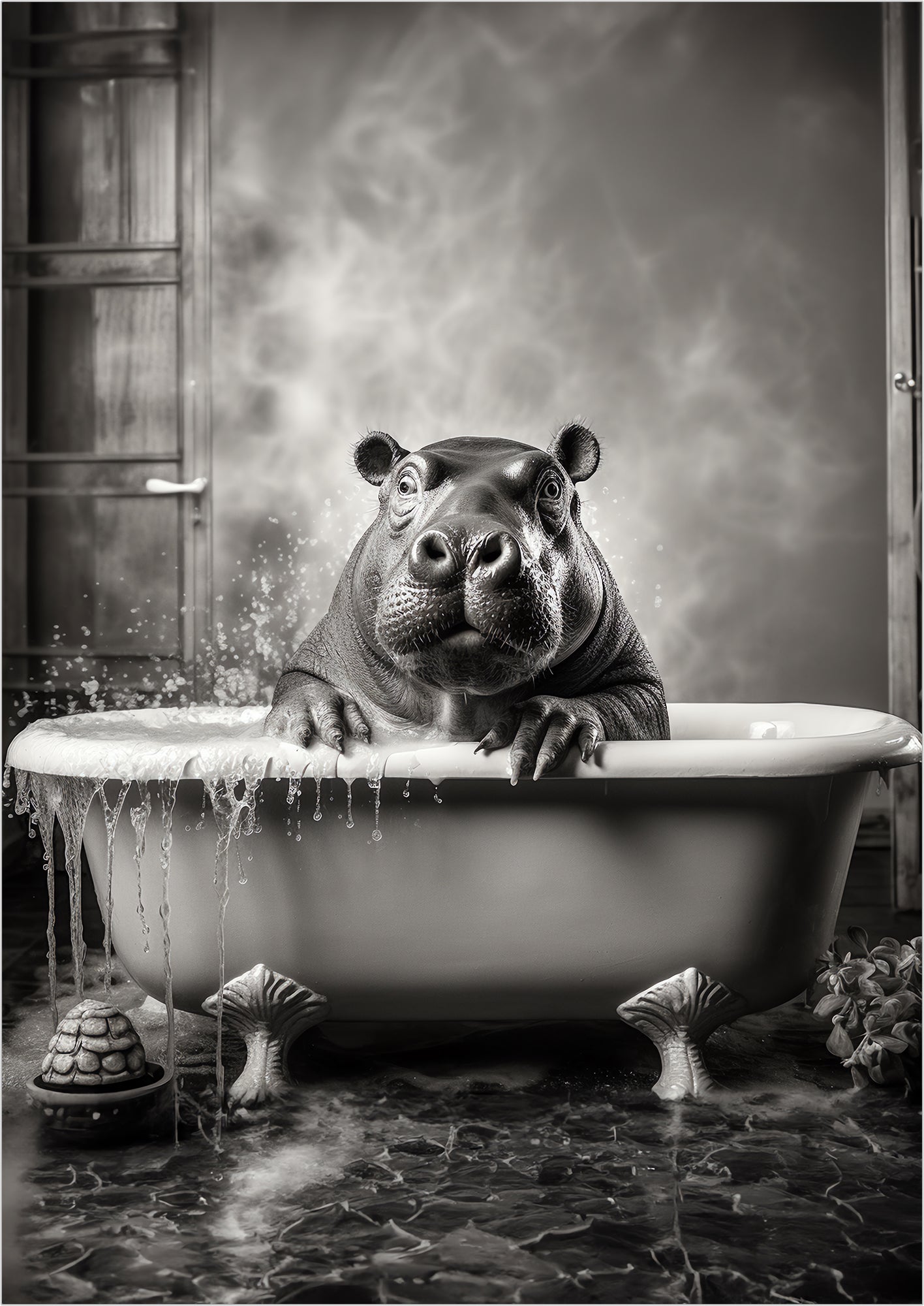 Nilpferd in Badewanne Illustration auf weißem Hintergrund ohne Rahmen