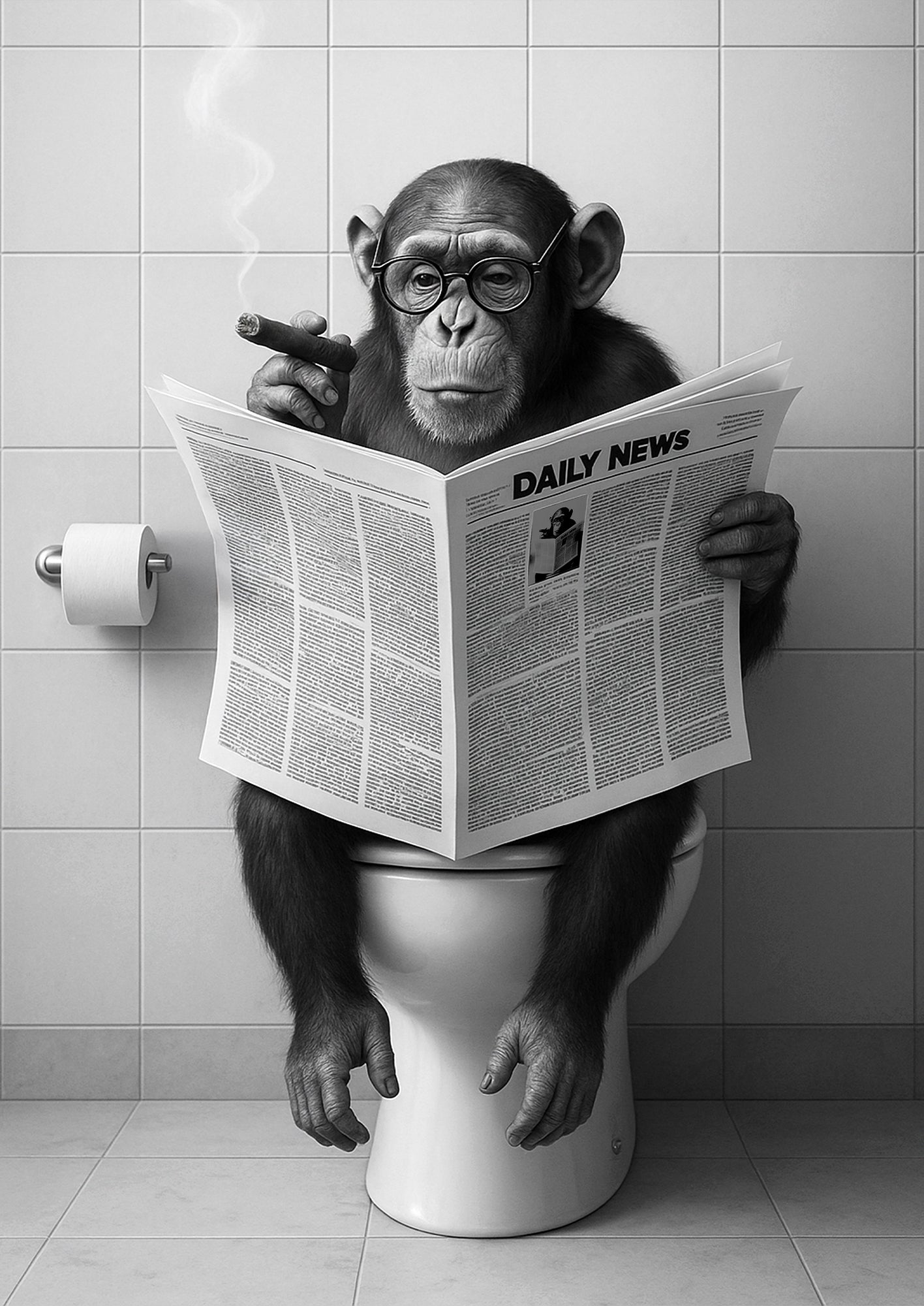 Freigestellte Illustration eines Affen, der auf der Toilette sitzt, Zeitung liest und Zigarre raucht – lustiger Kunstdruck