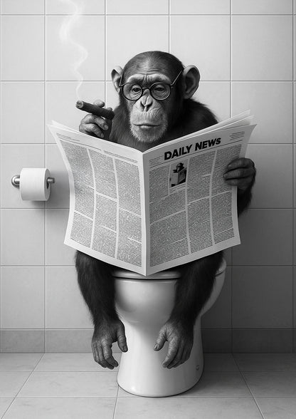 Freigestellte Illustration eines Affen, der auf der Toilette sitzt, Zeitung liest und Zigarre raucht – lustiger Kunstdruck