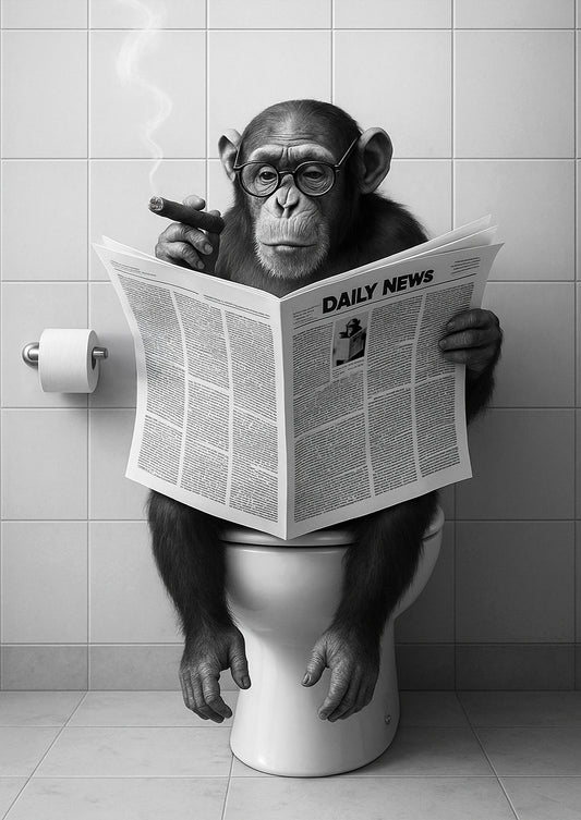 Freigestellte Illustration eines Affen, der auf der Toilette sitzt, Zeitung liest und Zigarre raucht – lustiger Kunstdruck