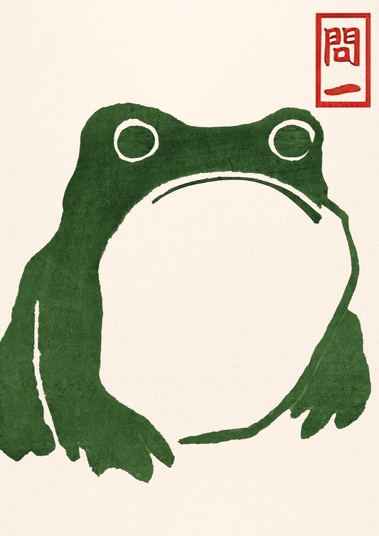 Minimalistische grüne Frosch Illustration von Matsumoto Hoji freigestellt auf hellem Hintergrund