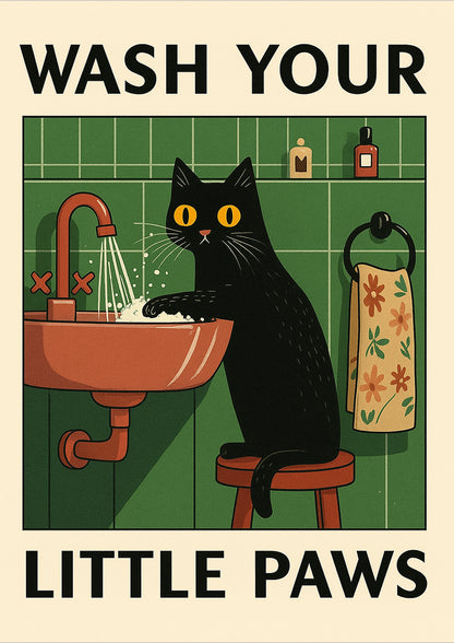 freigestelltes Poster mit schwarzer Katze, die im Waschbecken ihre Pfoten wäscht und Text „Wash Your Little Paws“