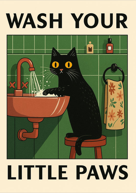 freigestelltes Poster mit schwarzer Katze, die im Waschbecken ihre Pfoten wäscht und Text „Wash Your Little Paws“