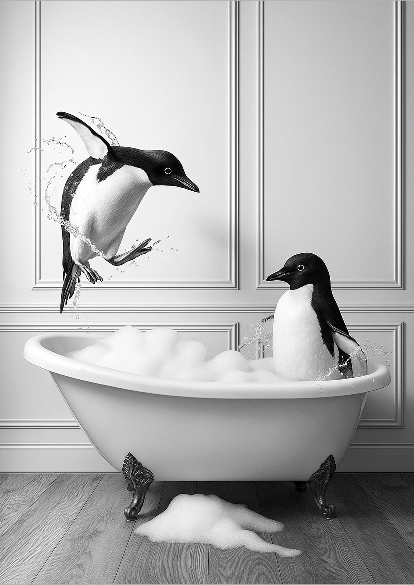 zwei pinguine plantschen freigestellt in einer badewanne voller schaum einer springt mit spritzendem wasser hinein