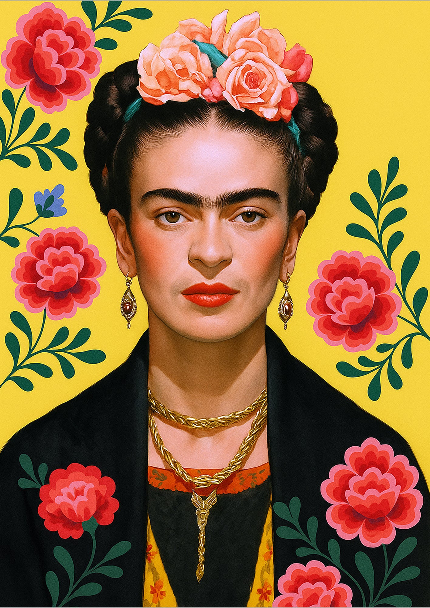 Frida Kahlo Porträt mit gelbem Hintergrund und Blumen, freigestellter Kunstdruck