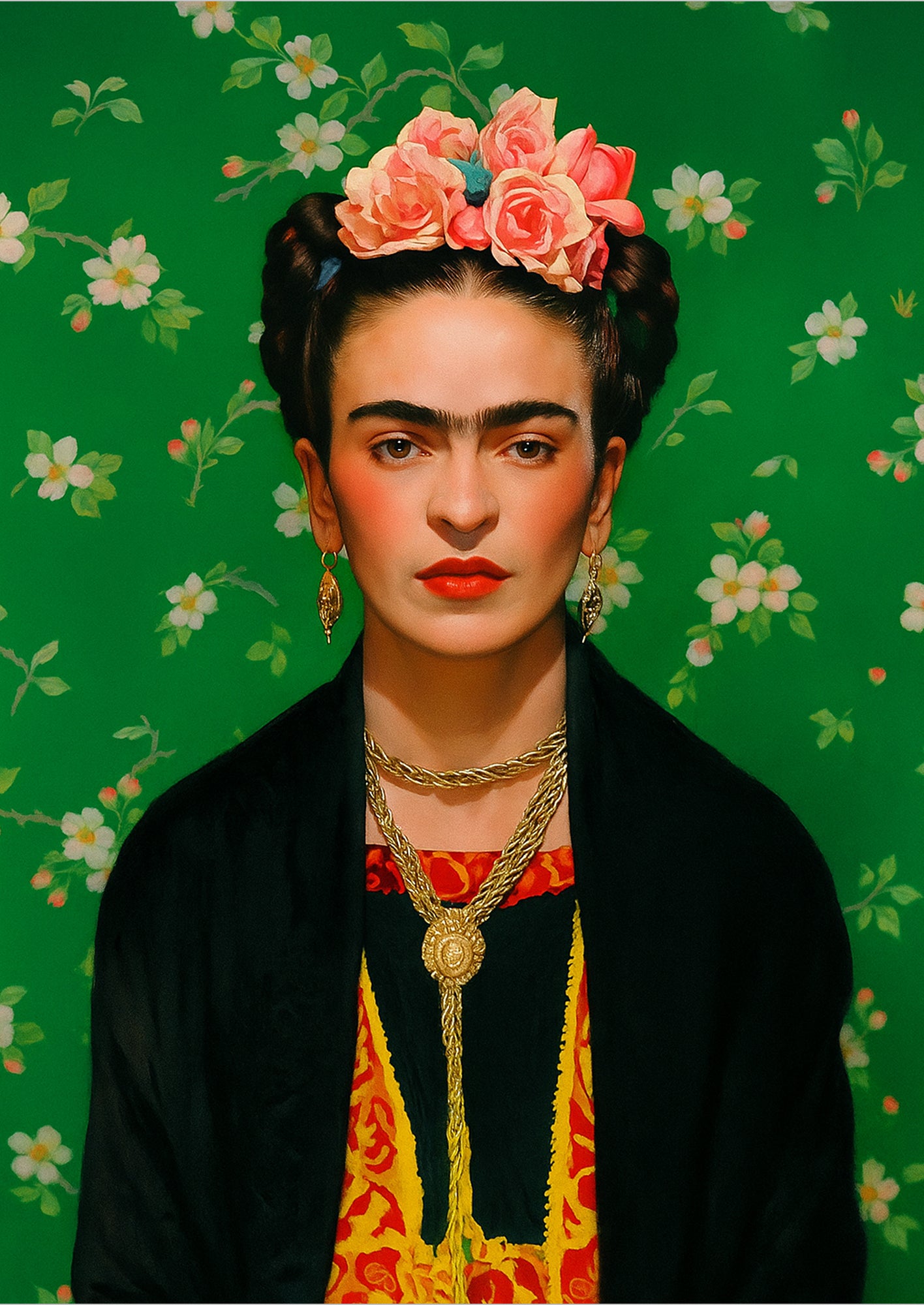 Frida Kahlo Porträt mit grünem Hintergrund und Blüten, freigestellter Kunstdruck