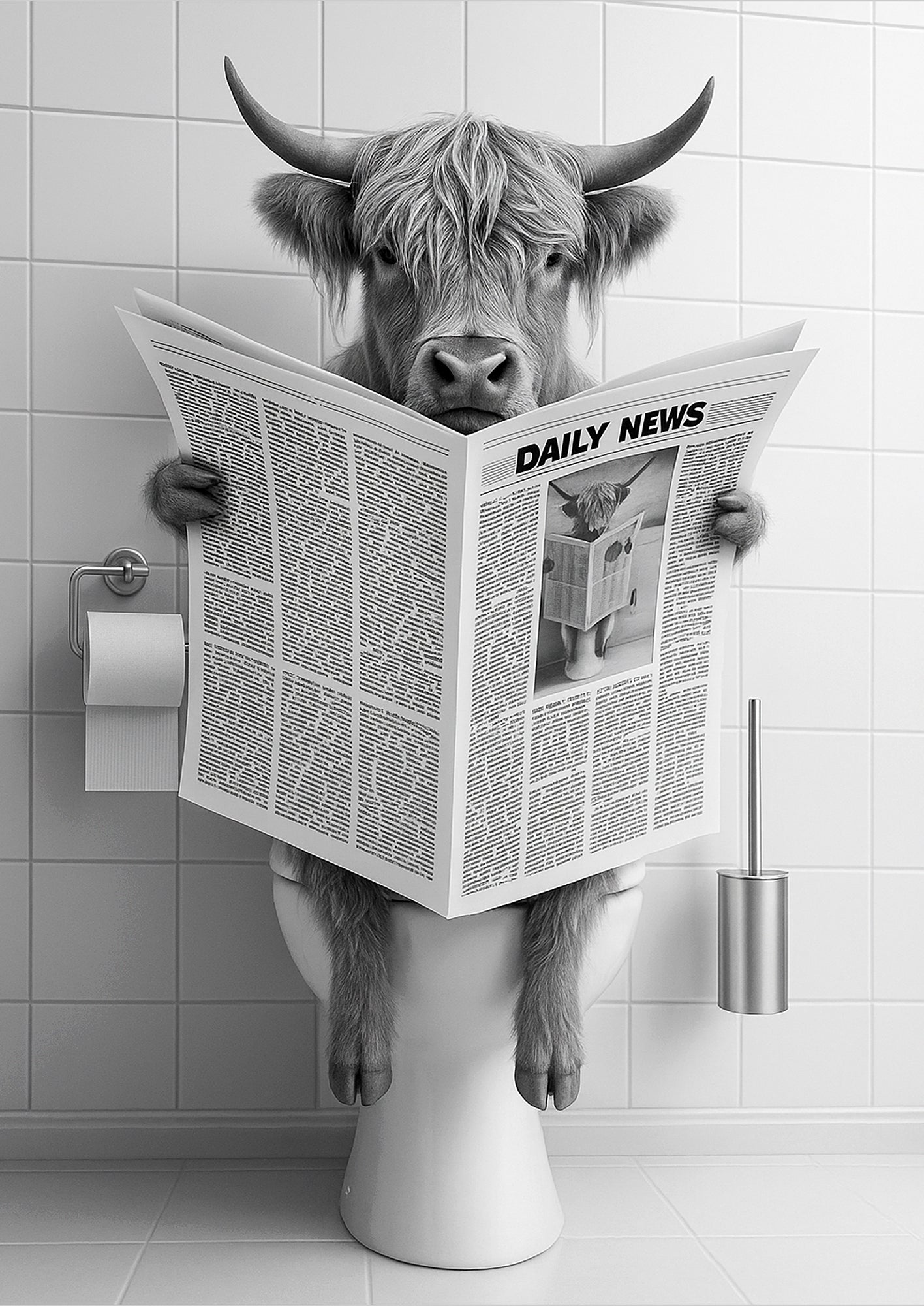 Hochlandrind freigestellt auf Toilette mit Zeitung