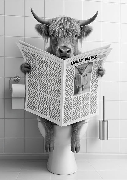 Hochlandrind freigestellt auf Toilette mit Zeitung