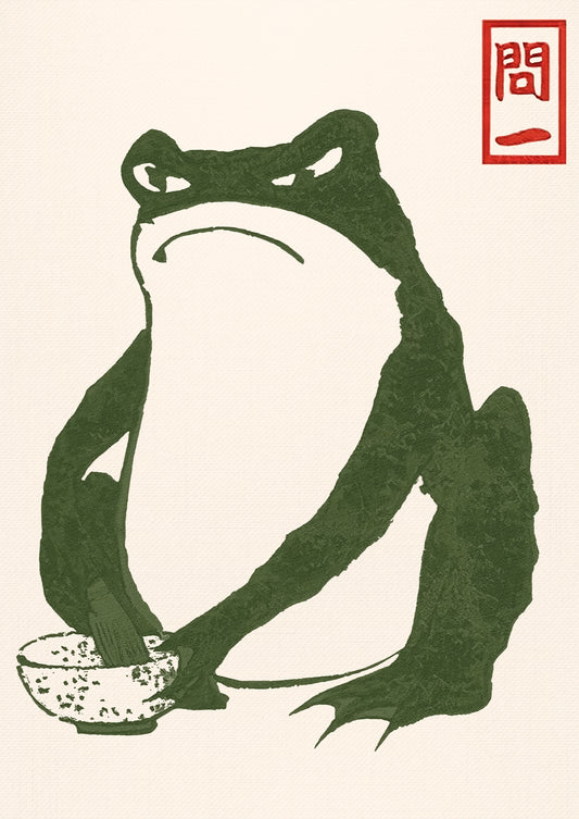Japanische Frosch Zeichnung von Matsumoto Hoji mit Matcha Schale freigestellt
