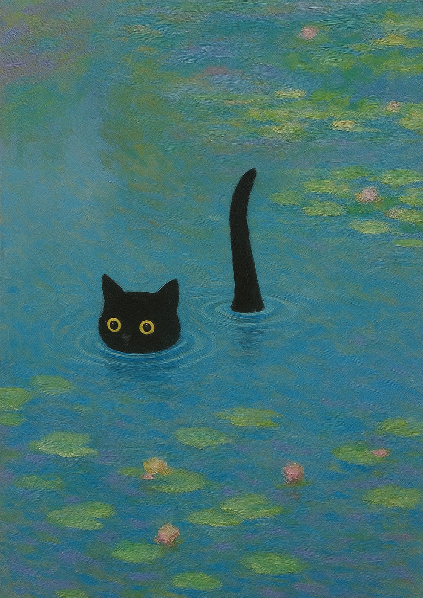Freigestelltes Poster Katze im Monet Seerosenteich – humorvolle Hommage an Claude Monet