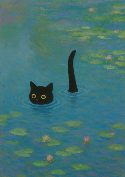 Freigestelltes Poster Katze im Monet Seerosenteich – humorvolle Hommage an Claude Monet