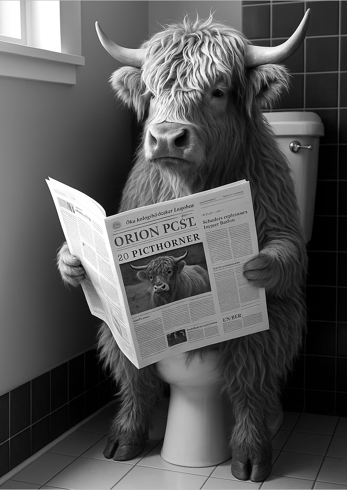 Hochlandrind auf Toilette freigestellt witzig fürs Bad