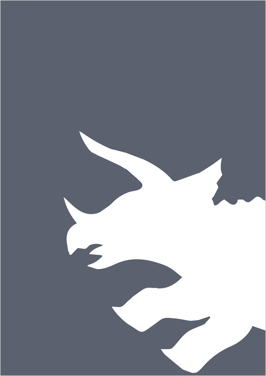 die grafische silhouette eines triceratops kopfes in weiß hebt sich markant vom dunkelgrauen hintergrund ab und wirkt modern reduziert