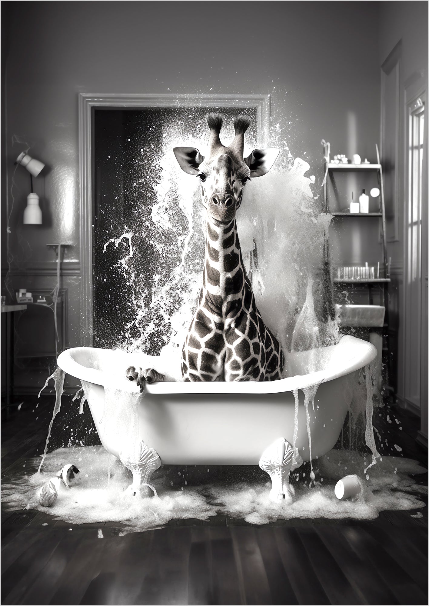 im zentrum dieses posters sitzt eine langhalsige giraffe die vergnügt aus einer altmodischen badewanne voller schaum hervorschaut