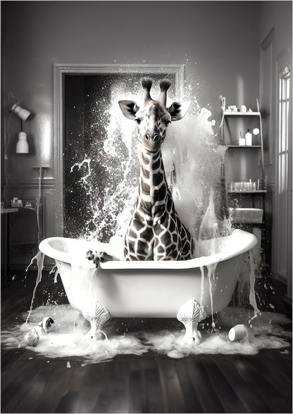 im zentrum dieses posters sitzt eine langhalsige giraffe die vergnügt aus einer altmodischen badewanne voller schaum hervorschaut