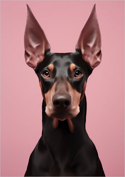 das ausdrucksstarke gesicht eines dobermanns blickt direkt in die kamera und hebt sich eindrucksvoll vom rosa hintergrund ab
