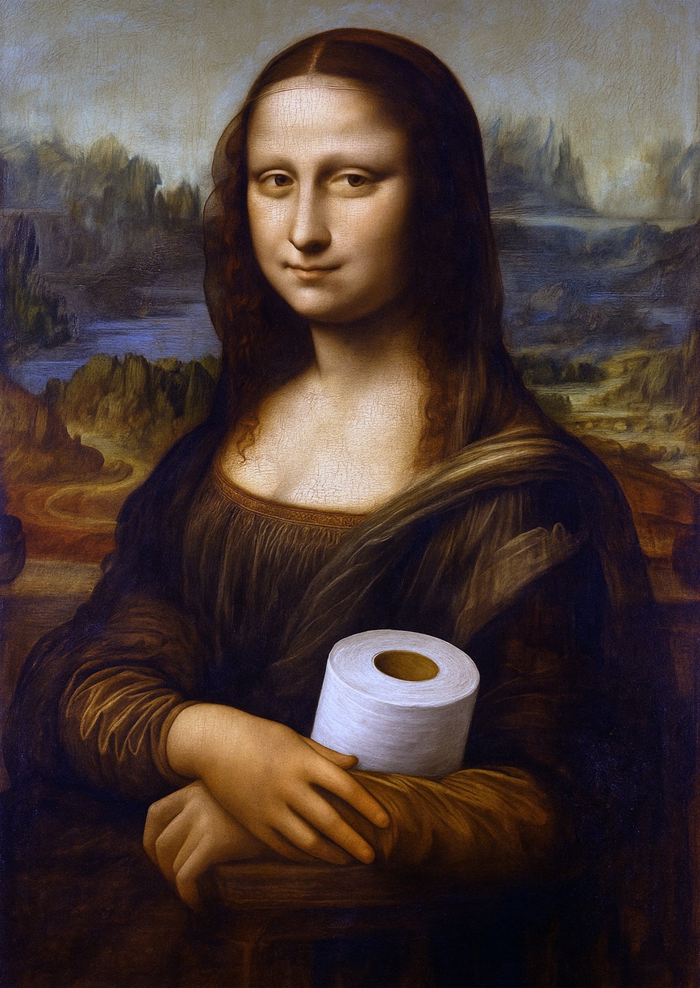 Die Mona Lisa blickt geheimnisvoll und hält dabei eine Klopapierrolle im Arm, das Motiv erscheint klar freigestellt auf weißem Hintergrund.