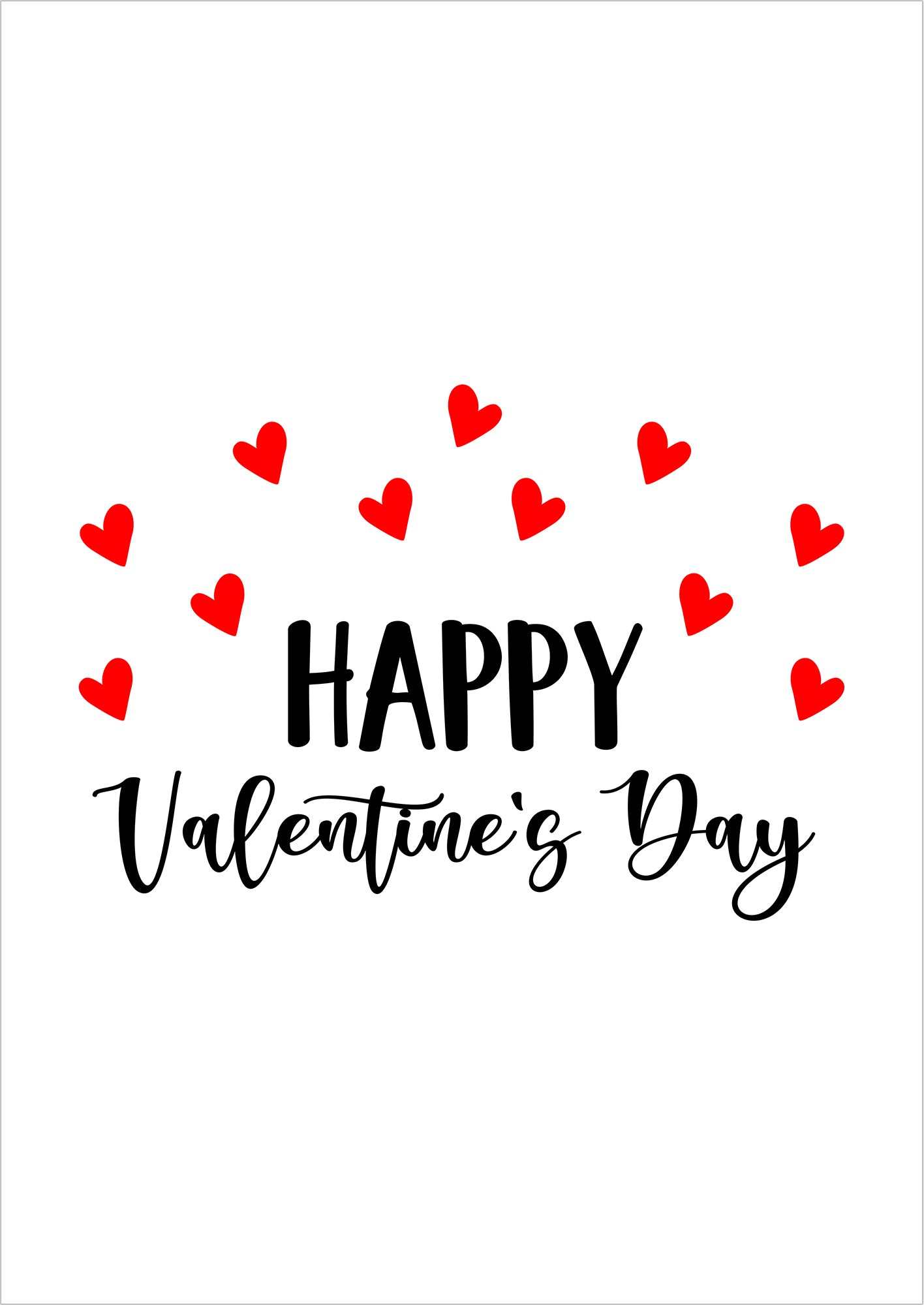 Ein dekoratives Poster mit dem Schriftzug Happy Valentine’s Day und vielen kleinen roten Herzen auf weißem Hintergrund
