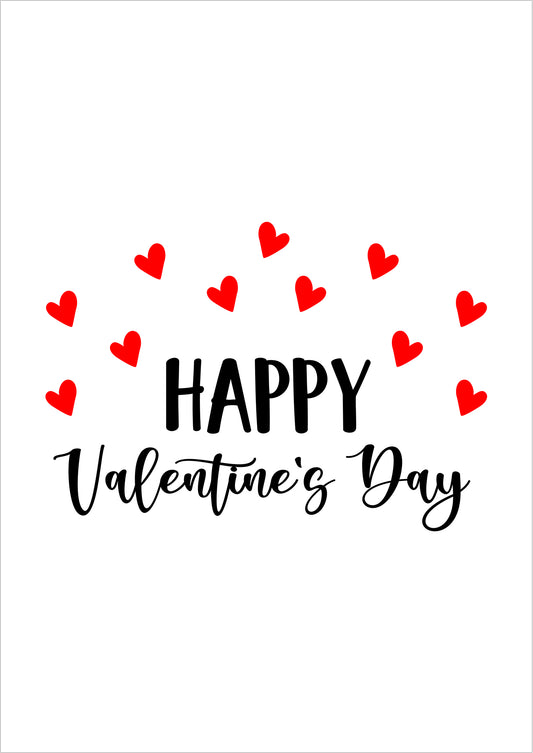 Ein dekoratives Poster mit dem Schriftzug Happy Valentine’s Day und vielen kleinen roten Herzen auf weißem Hintergrund