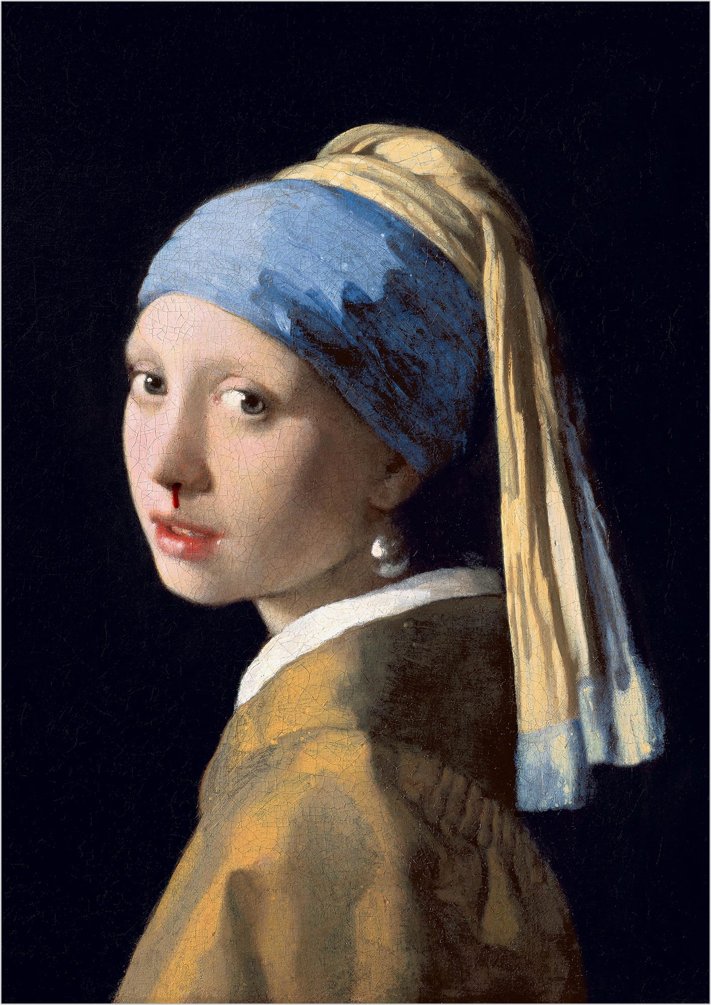 das berühmte mädchen mit dem perlenohrring mit einem kleinen blutstropfen an der nase auf dunklem hintergrund