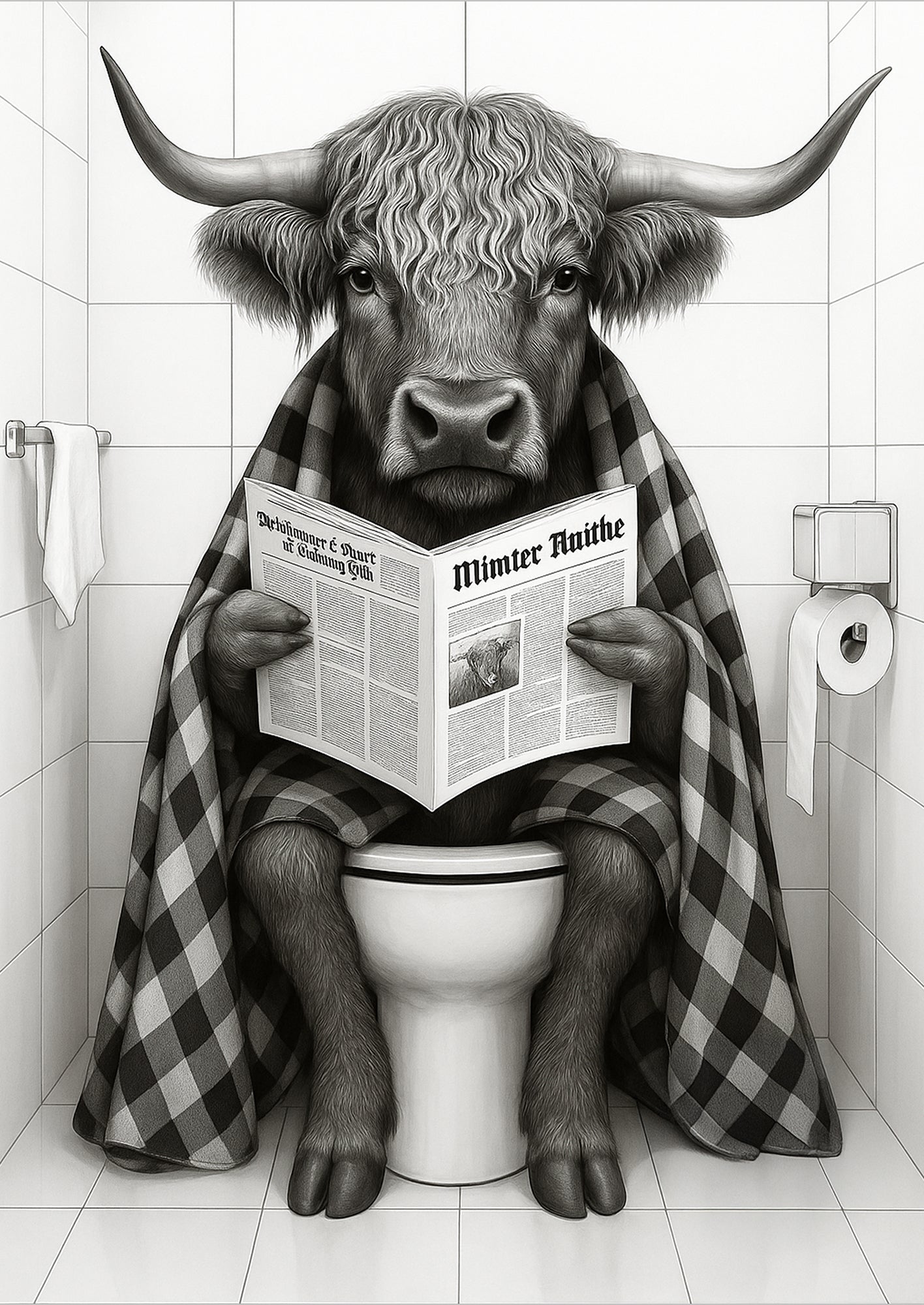 Illustration Hochlandrind freigestellt mit Decke und Zeitung

