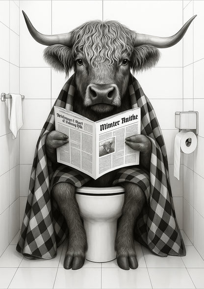 Illustration Hochlandrind freigestellt mit Decke und Zeitung

