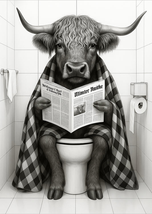 Illustration Hochlandrind freigestellt mit Decke und Zeitung

