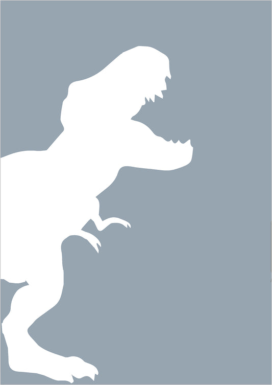 die weiße silhouette eines tyrannosaurus rex mit geöffnetem maul wirkt auf dem hellblauen hintergrund markant und setzt ein modernes statement