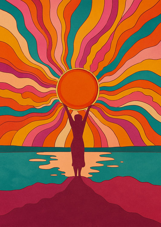 Hippie color sunset Illustration freigestellt Frau hebt Sonne am Meer