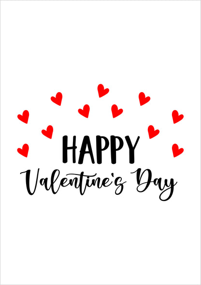 Ein dekoratives Poster mit dem Schriftzug Happy Valentine’s Day und vielen kleinen roten Herzen auf weißem Hintergrund