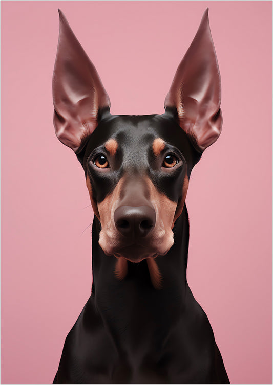 das ausdrucksstarke gesicht eines dobermanns blickt direkt in die kamera und hebt sich eindrucksvoll vom rosa hintergrund ab