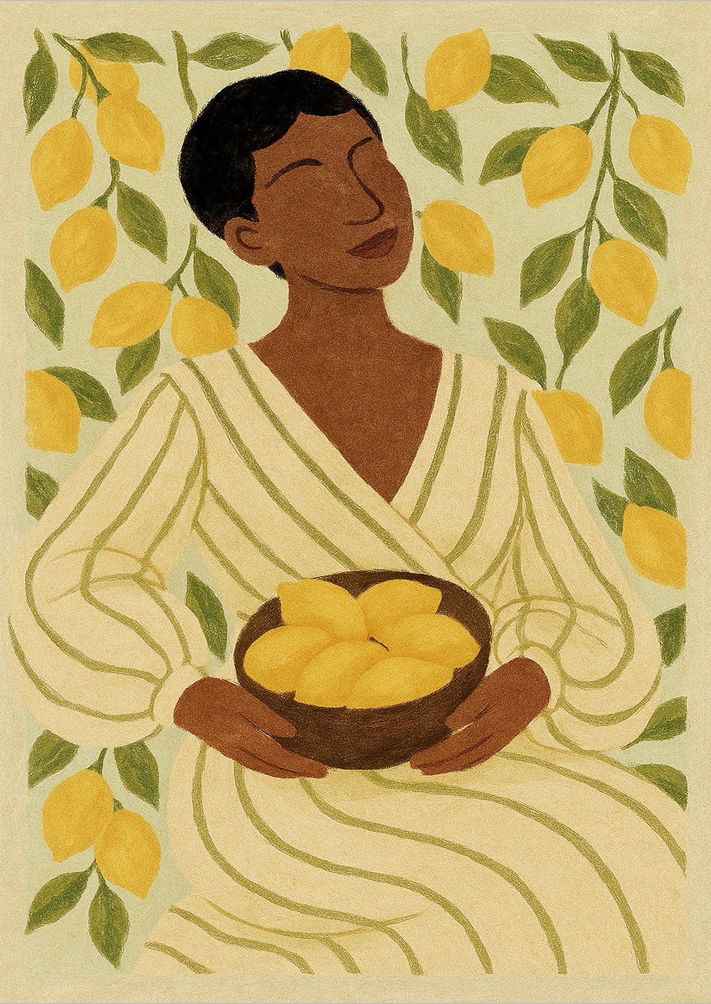 Frau mit Zitronen Illustration freigestellt auf weißem Hintergrund

