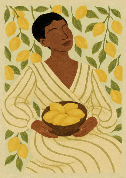 Frau mit Zitronen Illustration freigestellt auf weißem Hintergrund

