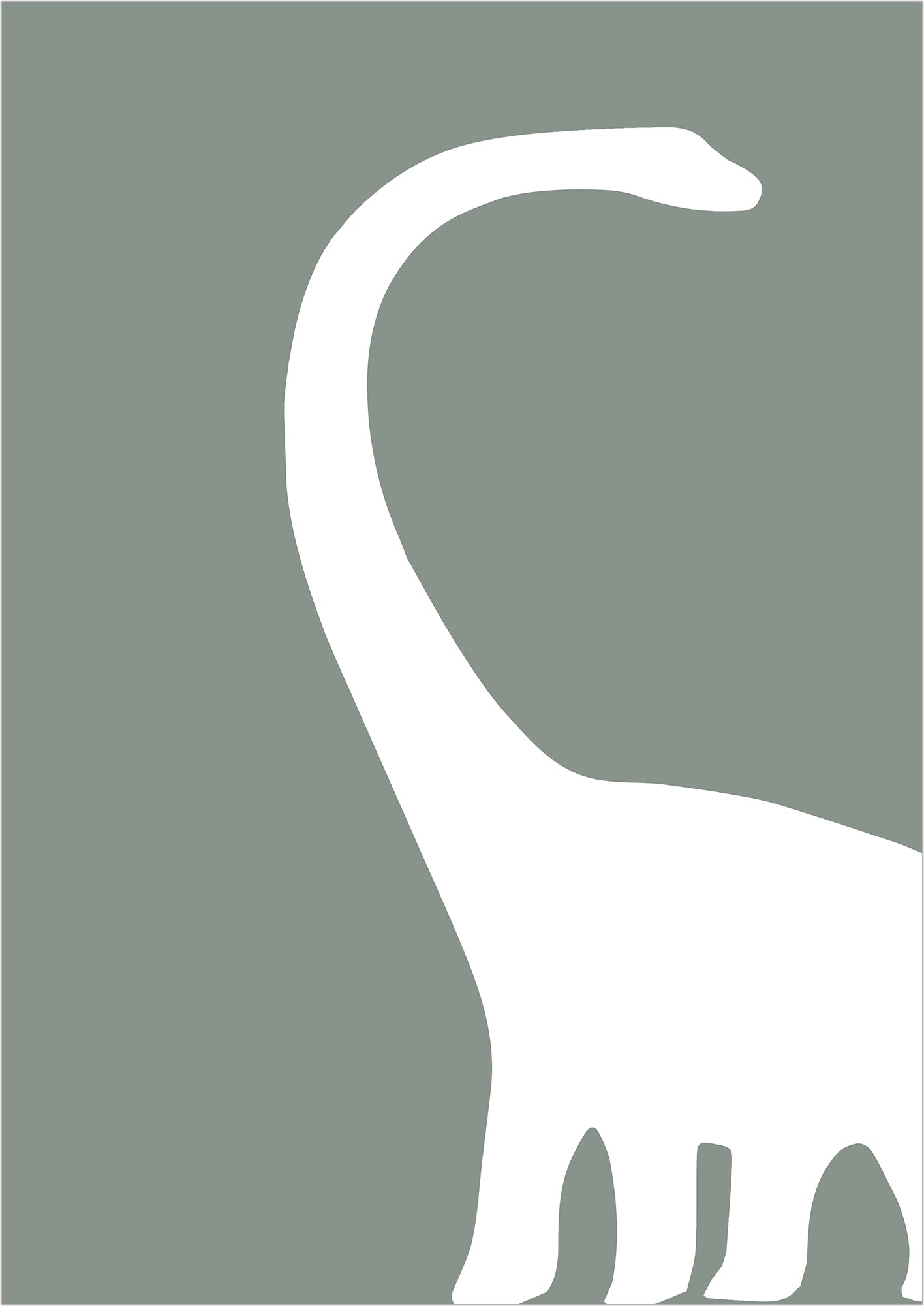 die weiße silhouette eines brachiosaurus mit elegant geschwungenem hals hebt sich klar vom graugrünen hintergrund ab und verleiht dem bild eine moderne ruhe