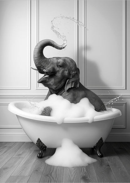 ein elefant sitzt freigestellt in einer badewanne voller schaum und spritzt wasser mit seinem rüssel hoch