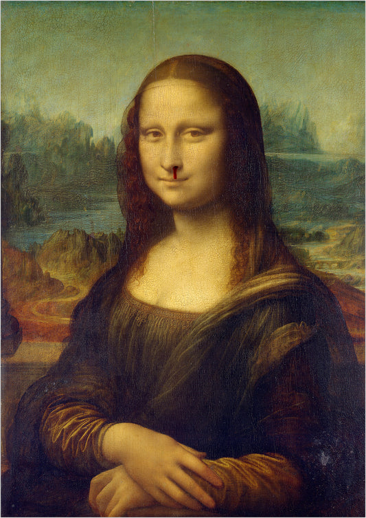 die mona lisa sitzt mit ihrem bekannten geheimnisvollen lächeln und einer kleinen blutspur unter der nase auf hellem hintergrund ohne rahmen