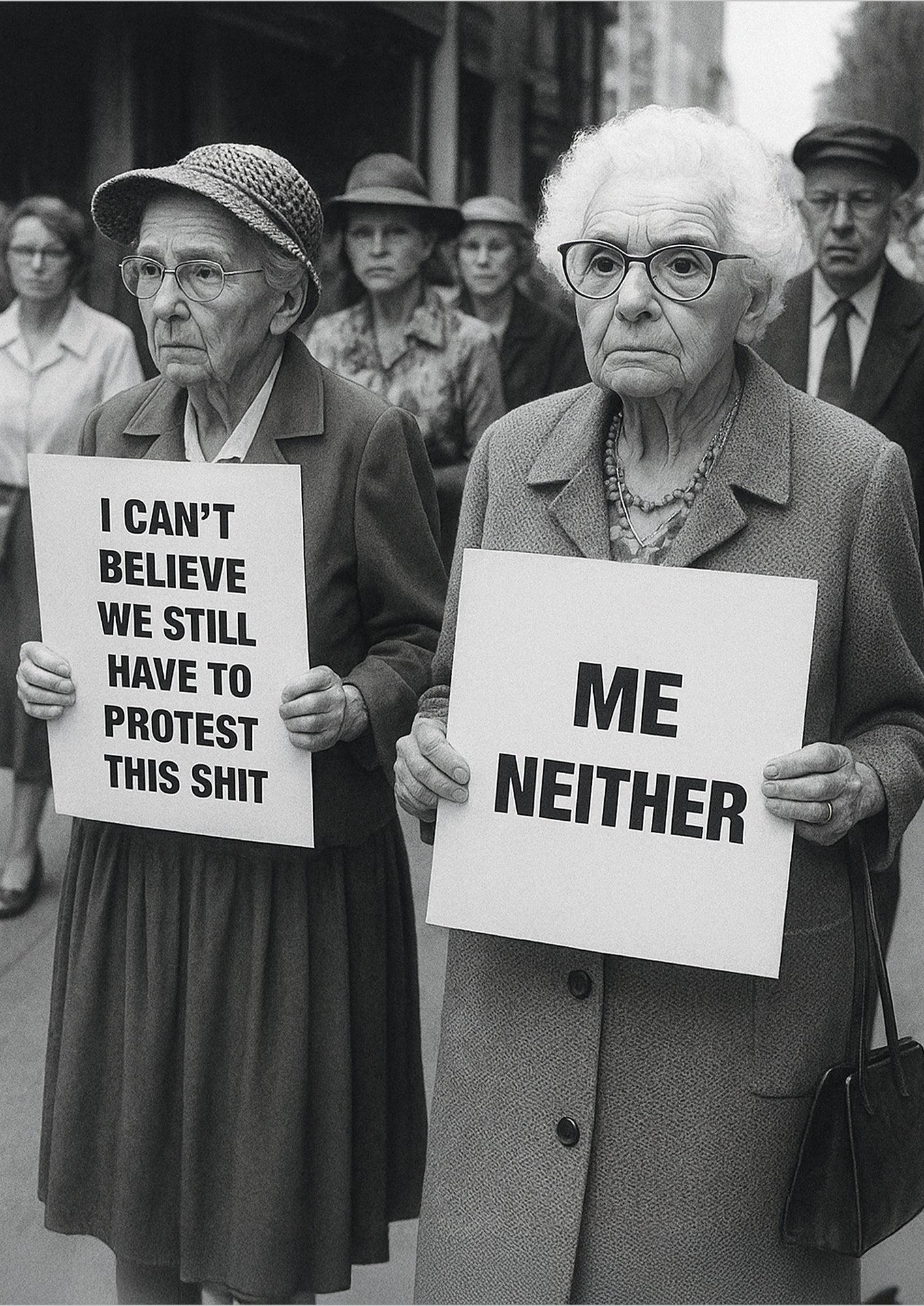 freigestelltes Old Ladies Protest Poster in Schwarz-Weiß