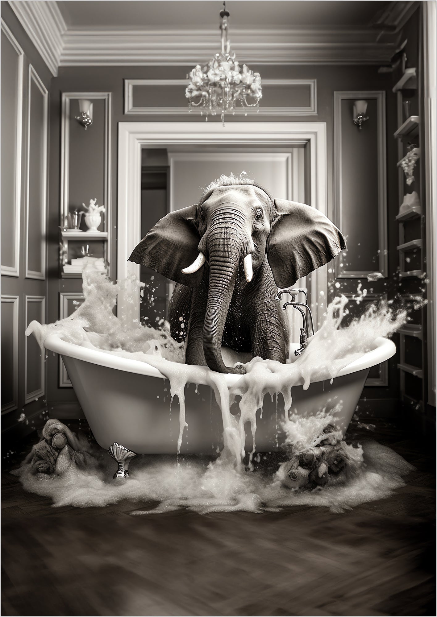 dieses wandbild zeigt einen großen elefanten der in einer alten badewanne sitzt und den raum mit spritzendem schaum füllt
